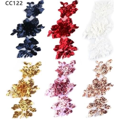 Sequin embroidery lace 3D cloth patches paste glitter sew on wedding dress embroidered mesh gauze 29*15CM CC122
