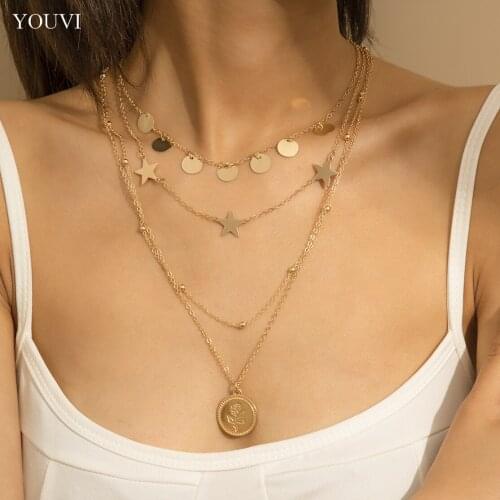 YOUVI Goth Carved Coin Rose Flower Pendant Necklaces for Women Pun Vintage Round Sequins Star Tassel Choker Necklaces Jewelry