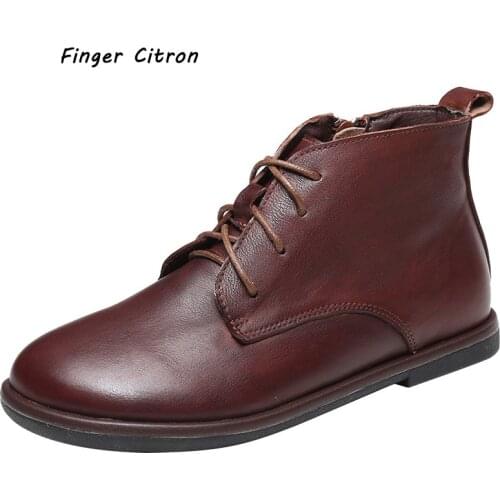 Finger Citron Women Anckle Boots Genuine Cow Leather Round Toe Anti-skid Outsole And Soft By Handmade For Lady Boots Size 35-43