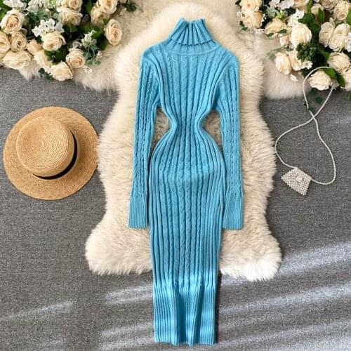 Winter Turtleneck Sweater Women Dress Autumn Knitted Long Sleeve Skinny Casual Blue Knee-Length Party dress