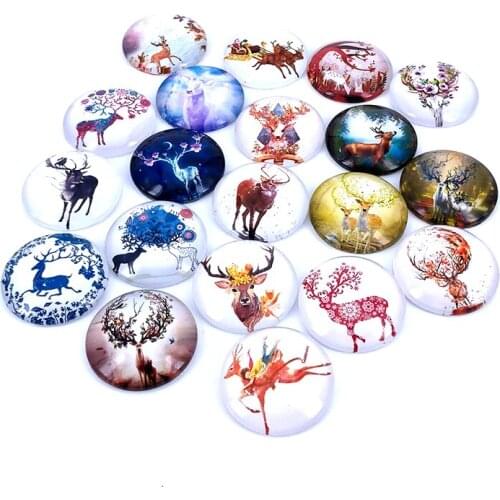 20pcs/lot 18mm 20mm 25mm Christmas Elk Pattern Round Glass Cabochon for DIY Jewelry Making Findings & Components T016