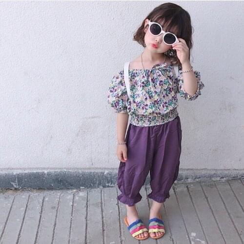 2021 Baby Sets Spring/Summer Girls Suit Purple Floral One-Shoulder Short-Sleeved Top+Anti-Mosquito Bloomers Sweet Two-Piece Suit