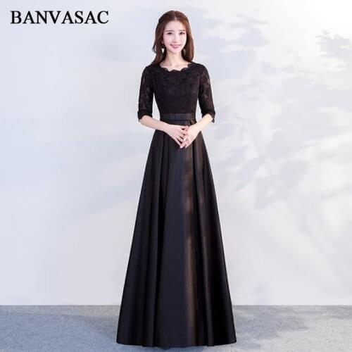 BANVASAC Elegant O Neck Lace Embroidery A Line Long Evening Dresses Party Illusion Half Sleeve Bow Sash Prom Gowns