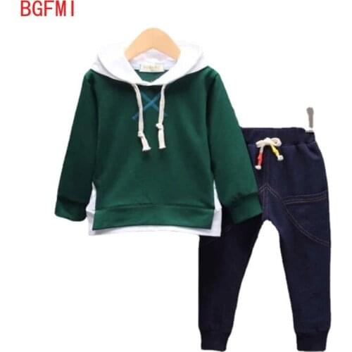 1-5 Years Baby Boys Girls Spring Sports Stitching Cotton Sets 2021 New Spring Autumn Kids Hooded Sweater + Jeans Two-piece Suit