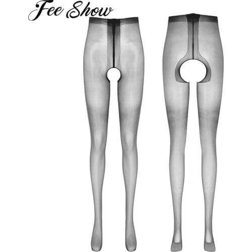 Women Glossy Thin Crotchless Pantyhose Bodystocking See-Through Stretchy Slim Fit Tights Stocking Leggings Closed Toes Underwear