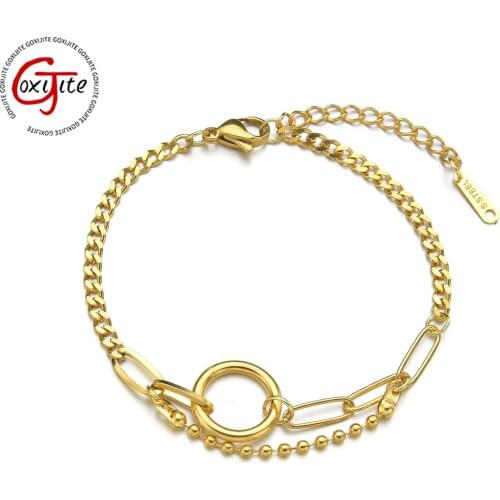 Goxijite 2021 Trendy Double Layer Bracelet For Women Stainless Steel Gold Circle Bead Adjustable Vintage Bracelet Best Jewelry