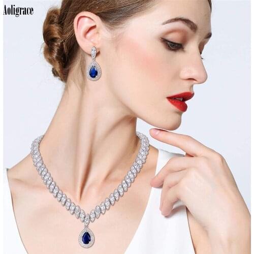 New Western Cubic Zirconia Water-Drop Two Pieces Wedding Bridal Jewelry Sets CZ Party Prom Necklace Bracelet and Earrings Sets