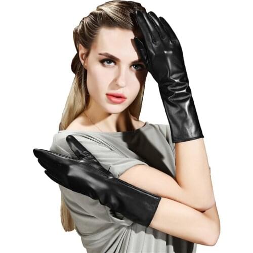 Leather Gloves Ms. 32cm Long Arm Sleeve Driving Winter Plus Velvet Warm Black Sheepskin Leather Womans Gloves Female CK03