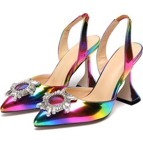 Colorful PU Fashion Women Heeled Sandals Pointed Toe Rhinestone Rainbow Sun Flower Spike High Heel Ladies Shoes Rome Party