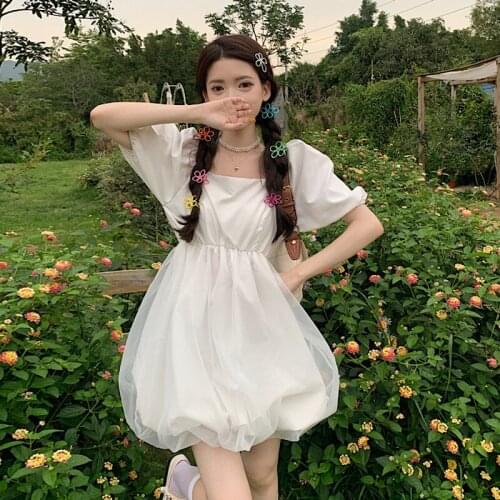 Summer Korean 2021 Fashion Casual Womens Dresses A-line Square Neck Bubble Short-sleeved White Black Puffy Dresses for Women