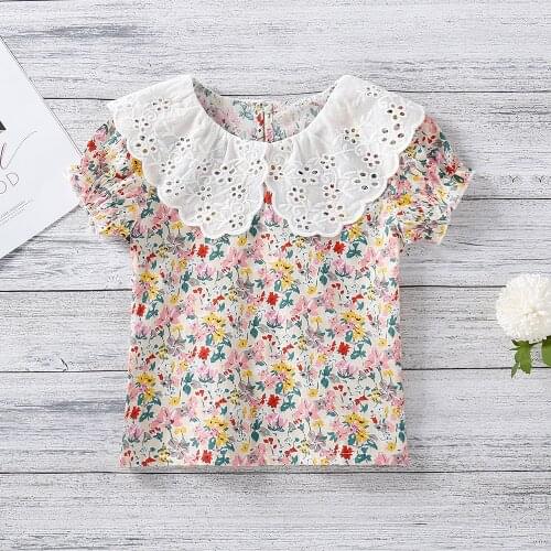 Summer Girls Shirt Bohemia Style Flower Print Kids Top Clothes for Girl Hollow Out Collar Toddler Children Blouse Shirts 2-6 T