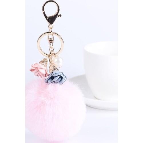 2021 New Pearl Cloth Art Small Flower Pendant Hairy Ball Keychain Creative Female Bag Ornaments Car Ornaments Birthday Gift