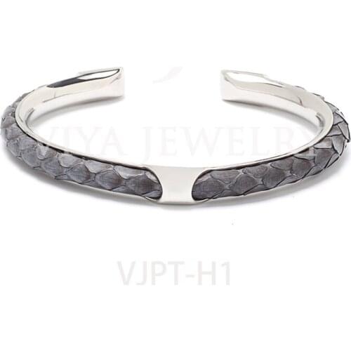 Wholesale Grey Python Leather Cord & Stainless Steel Hardware Couple Bangle Lot Custom Luxury Python Men Women Jewelry For Lover