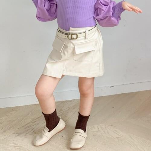 2020 Autumn Toddler Girls Skirt Fashion Asymmetry Solid Color Pocket Leather Skirts For Girl 3-7 Y Baby Kids Mini Skirt New