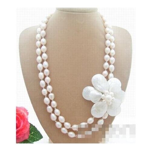 2Strands Freshwater White Pearl&Shell Flower Necklace