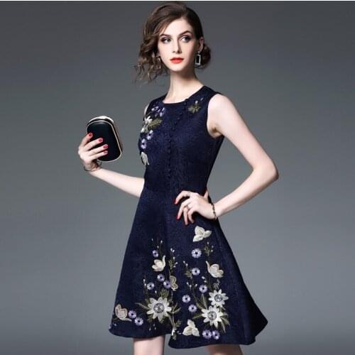 Summer Spring Fashion Womens Sleeveless Navy Dobby Flower Embroidery Dress , Women Clothes High Waist Elegant Dresses