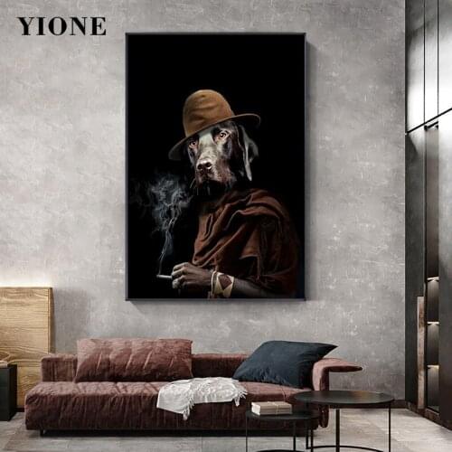 African Smoking Black Dog Canvas Poster Print Custom Vintage Animal Abstract Painting for Living Room Office Wall Art Picture