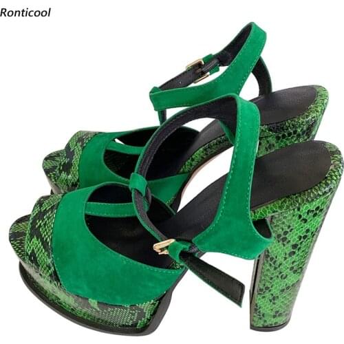 Ronticool Women Platform Sandals Snake Pattern Buckle Square High Heels Open Toe Gorgeous Green Party Dress Shoes US Size 5-20