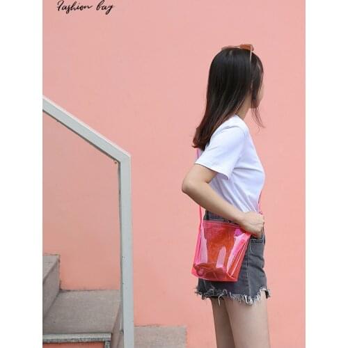 P.travel Korean Style Fashion Transparent Bucket Bag PVC Niche Diagonal Womens Bag One Shoulder Storage Bag