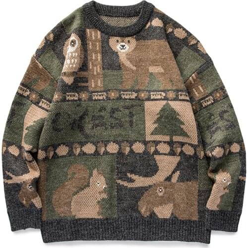 LACIBLE Hip Hop Streetwear Vintage Knitted Sweater Men Owl Bear Print Pattern Sweater Harajuku Oversize Autumn Pullover Outwear