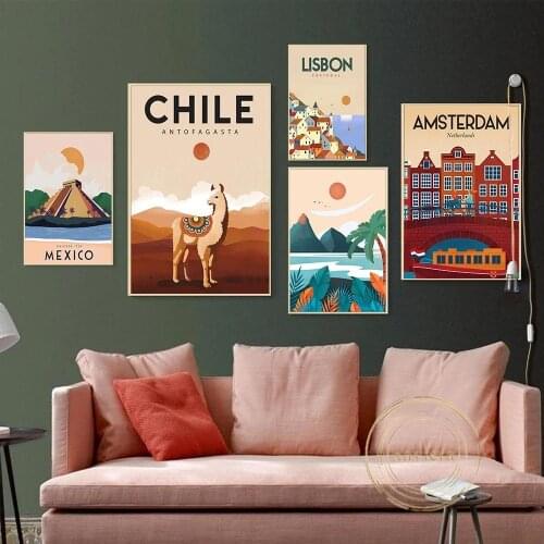Travel Cities Nordic Vintage Poster Chile Amsterdam Mexico Malaga Beach Landscape Wall Art Canvas Painting for Living Room Decor