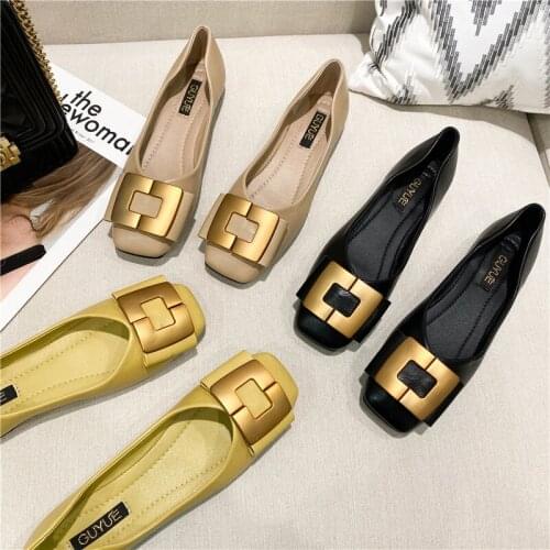 Metal Button Square Head Ballet Womens Shoes Shallow Mouth Flat Bottom Casual Shoes 2021 New Comfortable Soft Bottom Large Size