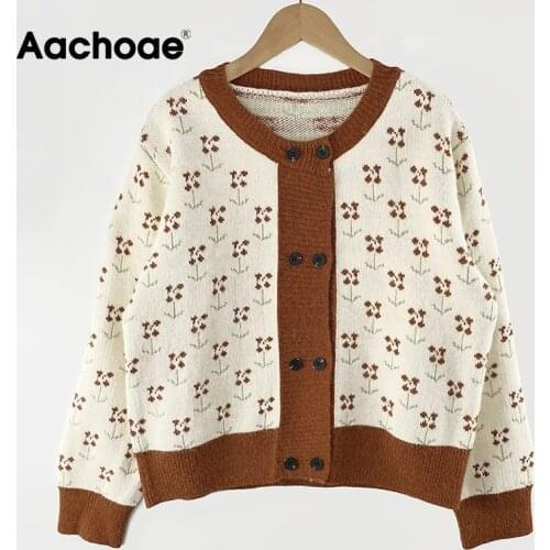Aachoae Women Vintage Floral Printed Cardigans Sweaters Basic O Neck Double Breasted Long Sleeve Outerwear Female Casual Tops
