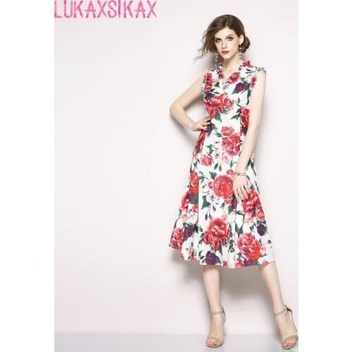 2020 New Women Summer Dress High Quality Gorgeous Rose Flowers Print Runway Dress Elegant V-Neck Sleeveless Long Dress