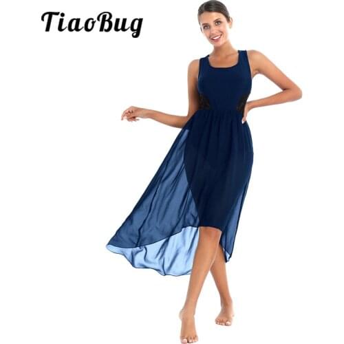 TiaoBug Women Sleeveless Lace Ballet Leotard Asymmetric Chiffon Dance Dress Stage Performance Contemporary Lyrical Dance Costume