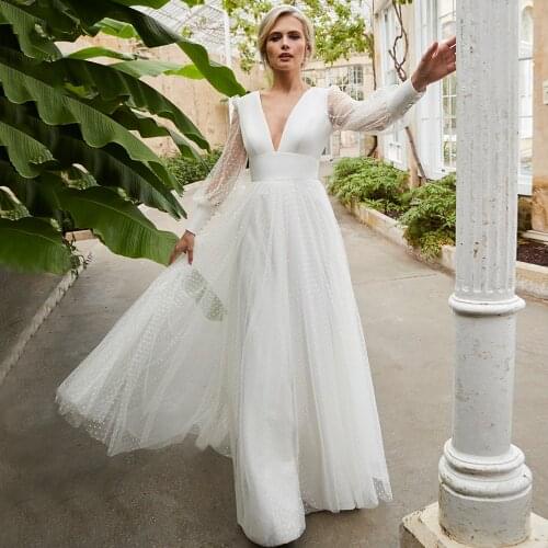 Elegant Floor Length Long Sleeve Wedding Dress 2021 A-Line Deep V-Neck Tulle Button Back Sweep Train Bridal Gowns