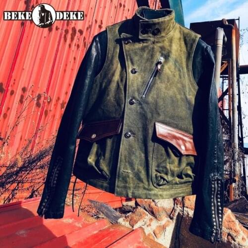 New Mens Short Slim Genuine Leather Vintage Biker Vest Turn-Down Collar Pockets Single Breasted Spliced Cowhide Vest Jacket
