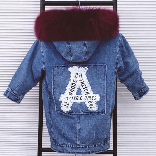 Winter Childrens Real Fur Coat Girl Boy Plus Long Parkas Detachable Rex Rabbit Liner Denim Loose Hooded Warm Thick Jacket