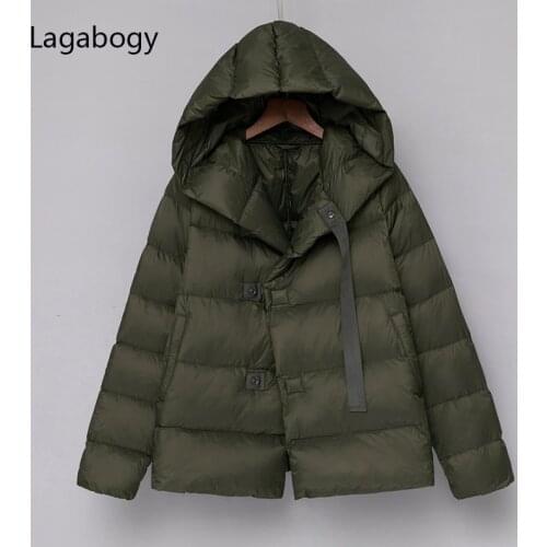 Lagabogy Winter Women 90% White Duck Down Coat Ultra light Thin Hooded Puffer Jacket Female Loose Warm Short Parkas Outwear