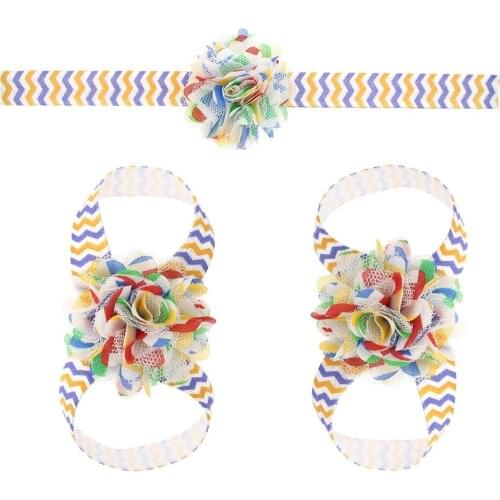 10set/lot girl chevron chiffon Flowers Barefoot Sandals and Headband Set Toe Blooms girl Shoose headband