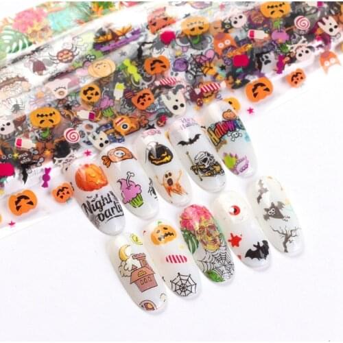 10 Pcs Nail Foil Sticker Set Pumpkin/bat/skull Pattern Adhesive Wraps Transfer Paper Nail Art Decal Gel Slider 2019 New