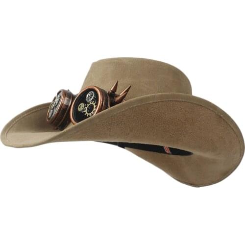100% Leather Men Steampunk Western Cowboy Hat Gentleman Dad Punk Glasses Fedora Sombrero Hombre Caps Size 58-59CM