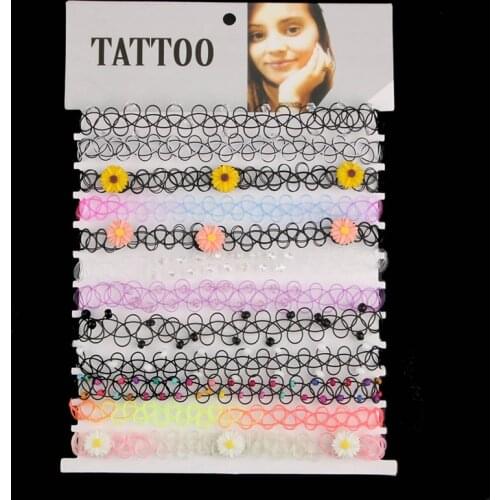 12Pcs/Set Fish Line Chokers Tattoo Rainbow Chokers Vintage Flower Girls Stretch Gothic Punk Elastic Collares Women Jewelry