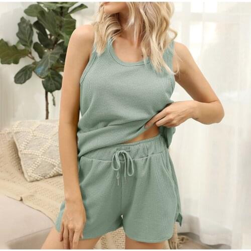2021 Causal Summer Lounge Wear Women Tracksuit Shorts Set Sexy Loose Sleeveless Strap Tops And Mini Shorts Two Piece Sets Female