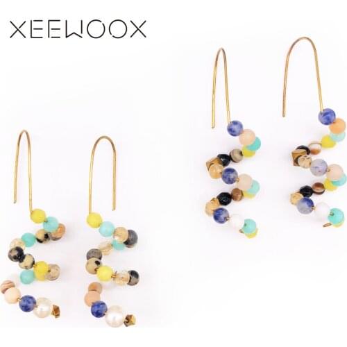 Colorful Natural Stone Semi-precious Stone Twines Green Brown Beads Drop Earring Statement Woman Circle Drop Earring Gift