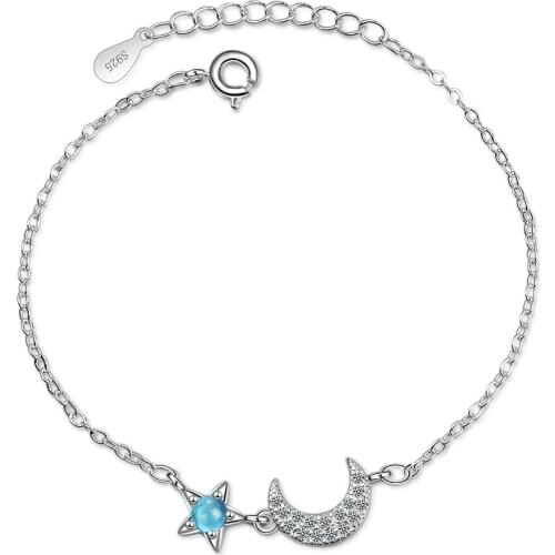 Small pure and fresh blue crystal star moon Silver Color Micro CZ Bracelet For Women Zircon Jewelry pulseira
