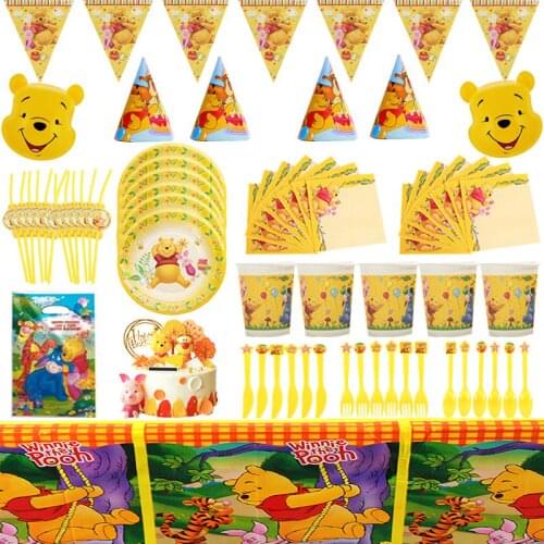 134pcs Winnie the Pooh cartoon Theme sets Kids Birthday Party Decorations Baby Shower Disposable Tableware Party Decor Supplies
