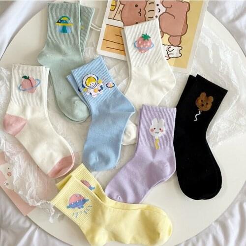4 pairs of womens socks cute and funny rabbit alien spaceship Japanese style sweet kawaii personality mid-tube breathable socks