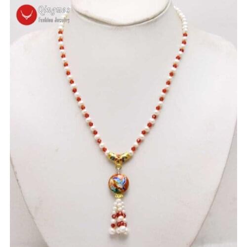 Qingmos Natural 5-6mm Round White Pearl Necklace for Women with Red Crystal & 18mm Cloisonne Pendant Necklace Jewelry Nec6387