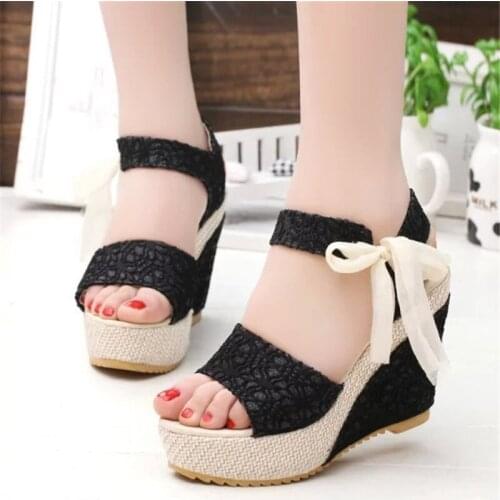 Butterfly-knot Roman Wedges High heels sandals women 2019 summer shoes women Platform Gingham flat Peep Toe ladies shoes