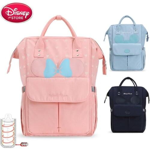 Disney Mickey Minnie Diaper Bag USB Heating Diaper Backpack Large Capacity Oxford Baby Stroller Bag Outdoor Travel Mummy Handbag