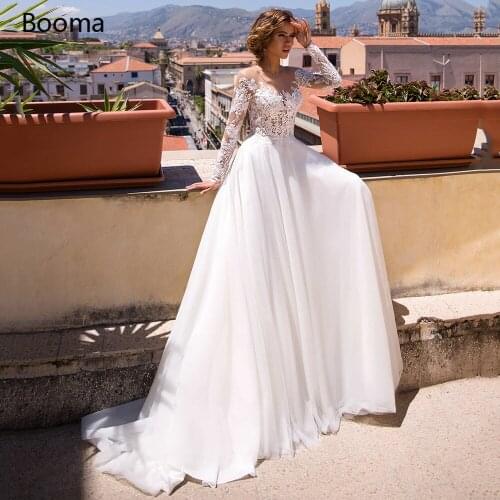 Booma Ivory Beach Wedding Dresses Long Sleeves Lace Appliques Birde Dresses Illusion A-Line Bridal Gowns Buttons Back
