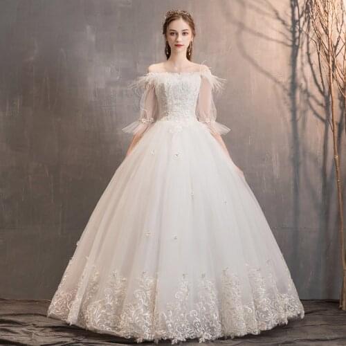 Vestido De Noiva 2020 Boat Neck Feather Wedding Dress Fashion Lace Embroidery Simple Wedding Gowns Lace Up Princess Bride Dress