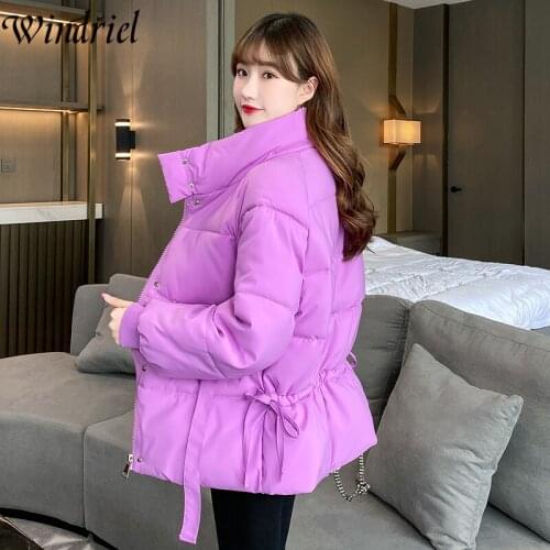 Windriel Sweet Fashion Parka Women Winter Jackets For Girls Tie Up Solid Cotton Padded Clothing Female Wadded Coats Stand Collar