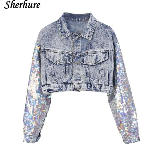 2020 Chic Design Punk Style Spring Sequins Sleeve Women Denim Long Jacket Coat Crop Tops Abrigos Mujer