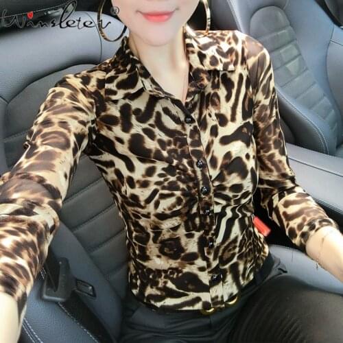 Spring Fall European Clothes Mesh Thin Blouse Office Lady Chic Sexy Print Leopard Button Drape Women Long Sleeve Tops T16112A
